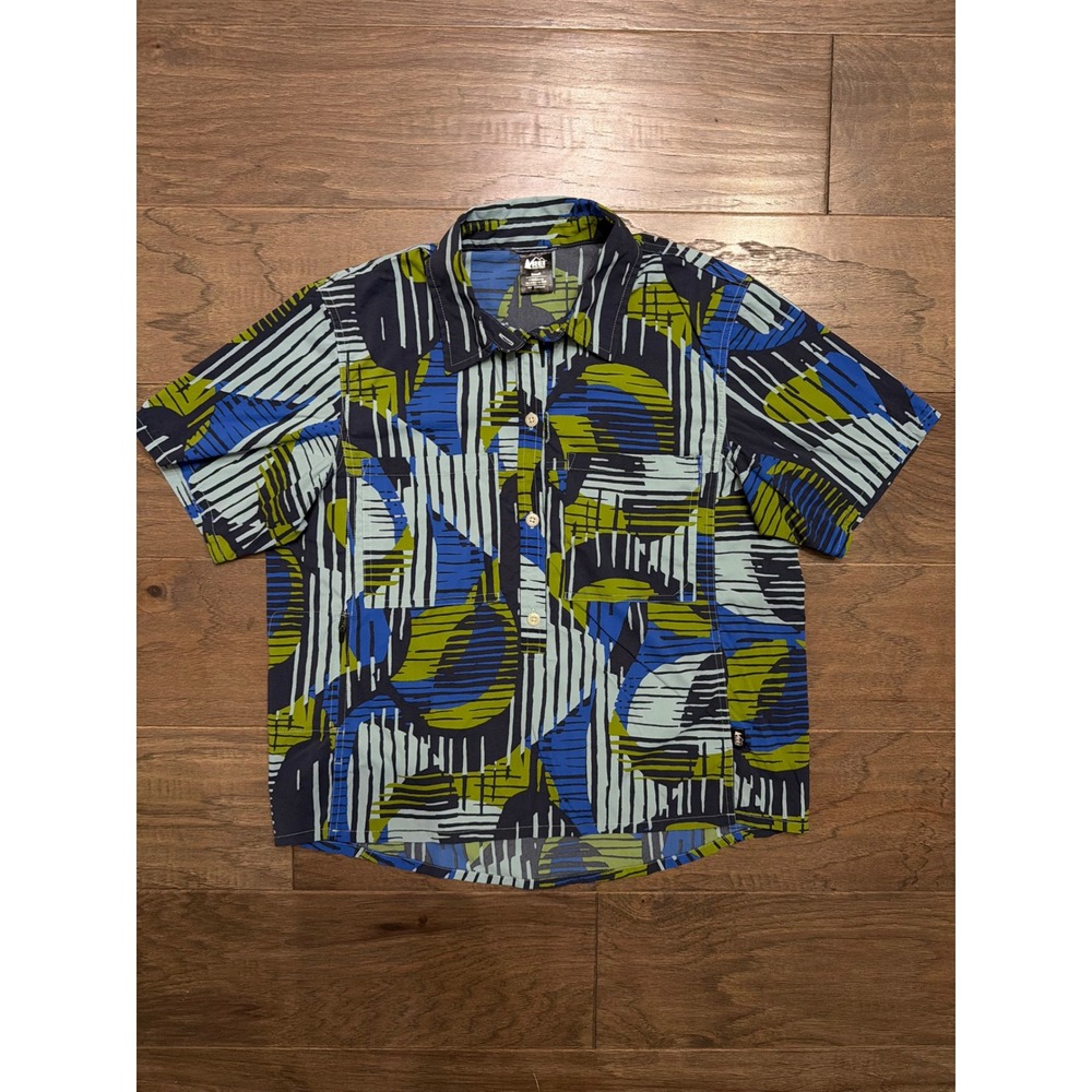 REI Co-op Shirt Womens Small Blue Green Nylon Geometric Short Sleeve Hiking Top